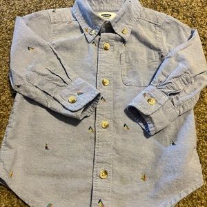 Old Navy Chambray Blue Button Down Shirt with print. 12-18 month